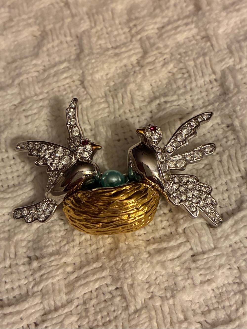 Joan Rivers Silver Crystal Birds with Gold Nest and Teal Beads Brooch